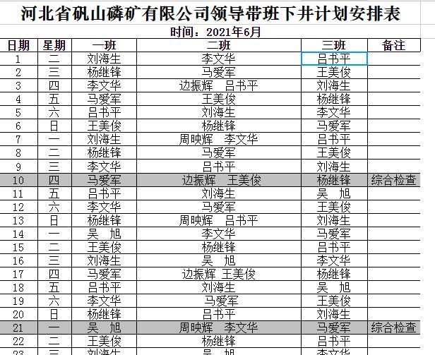 领导带班下井安排表（6月份）