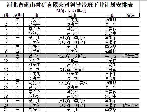 领导带班下井安排表（7月份）